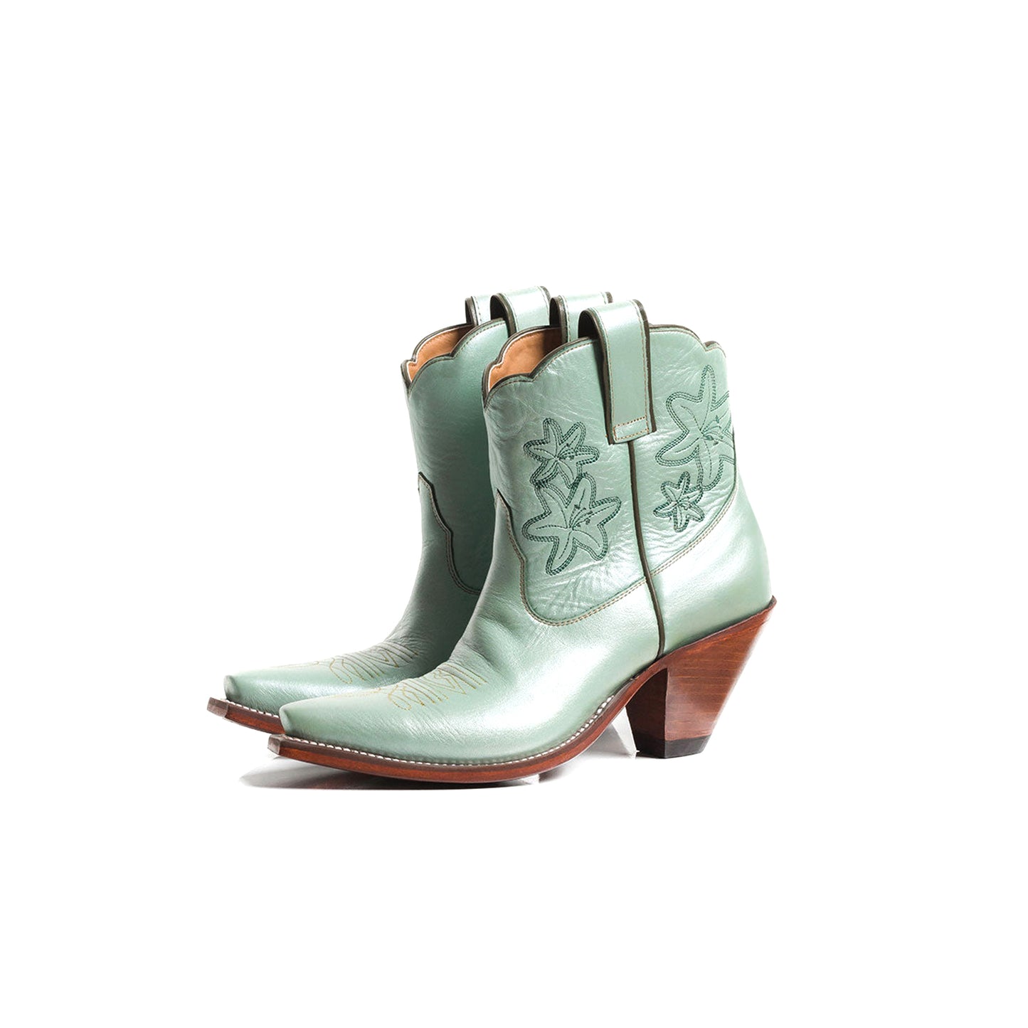 Metallic Green Snip-Toe Flowers Embroidery Ankle Cowgirl Boots