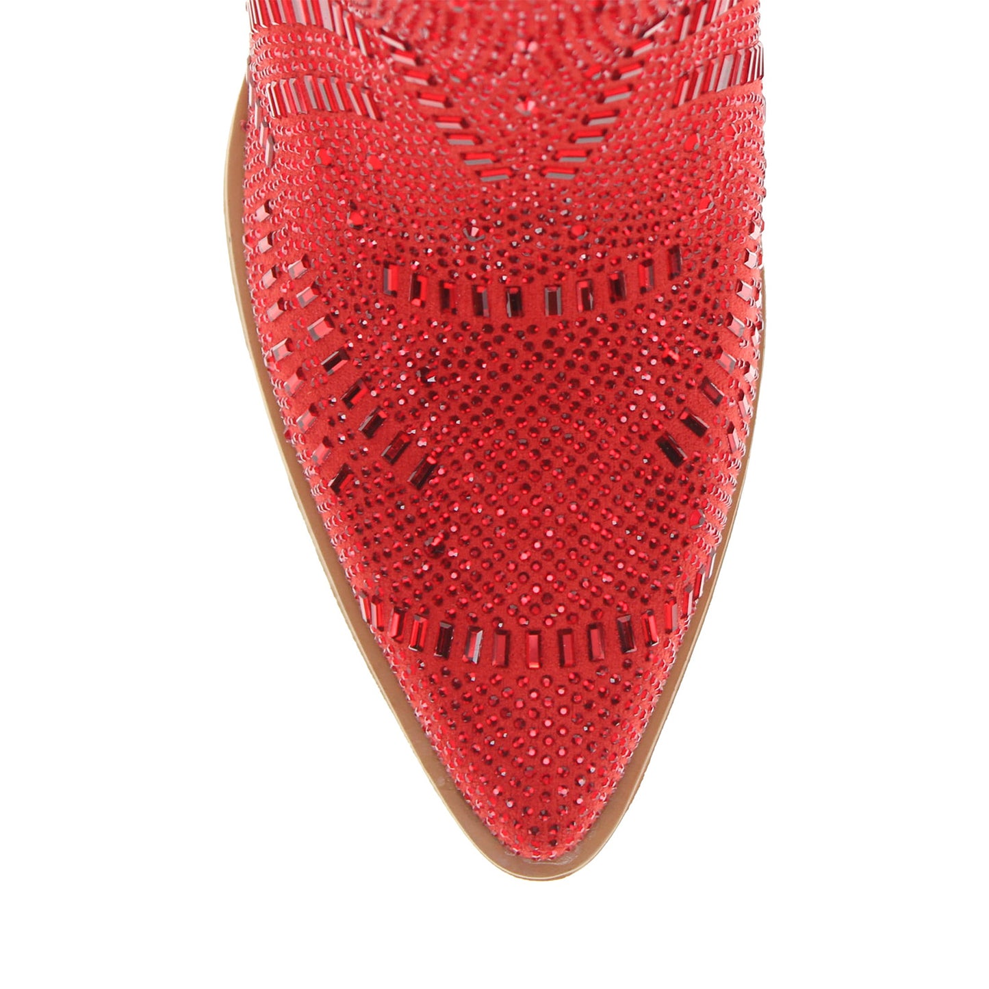 Red Faux Suede Pointed-Toe Full Crystals Full-Zip Ankle Cowgirl Boots