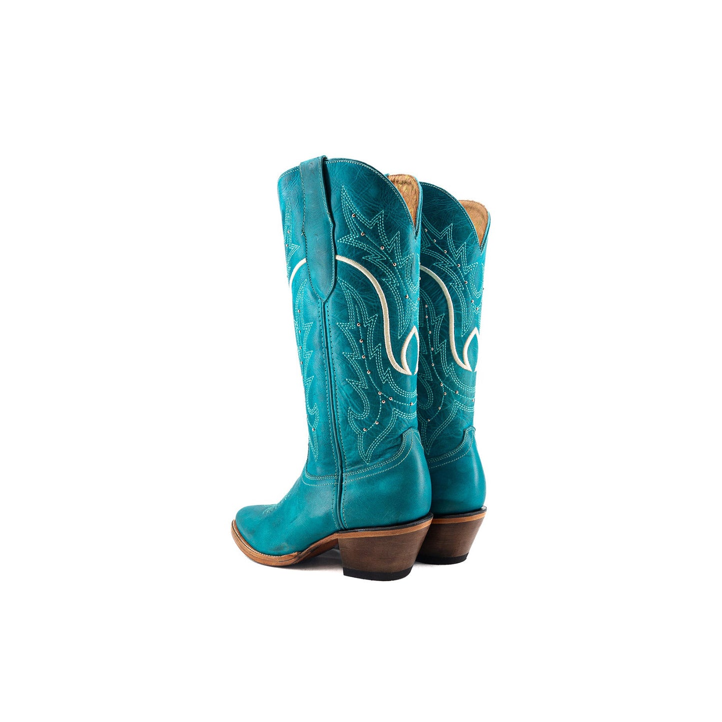 Turquoise Almond-Toe Embroidery Studs Half-Zip Mid Calf Cowgirl Boots