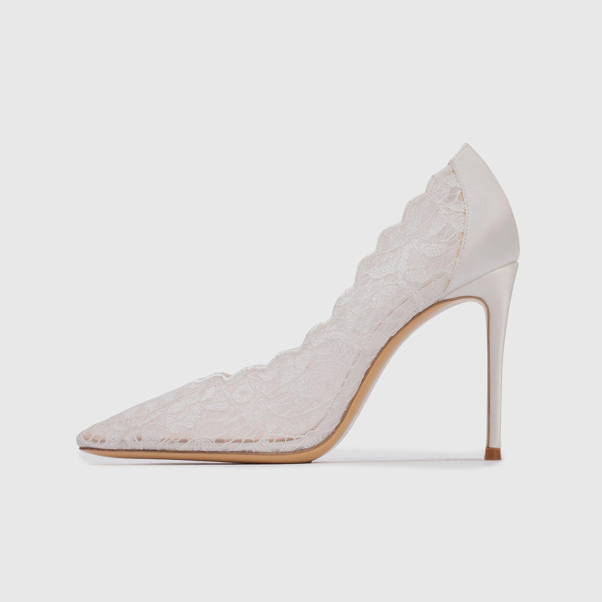 White Lace Mesh And Satin Pointed-Toe Slip-On Simple High Heels