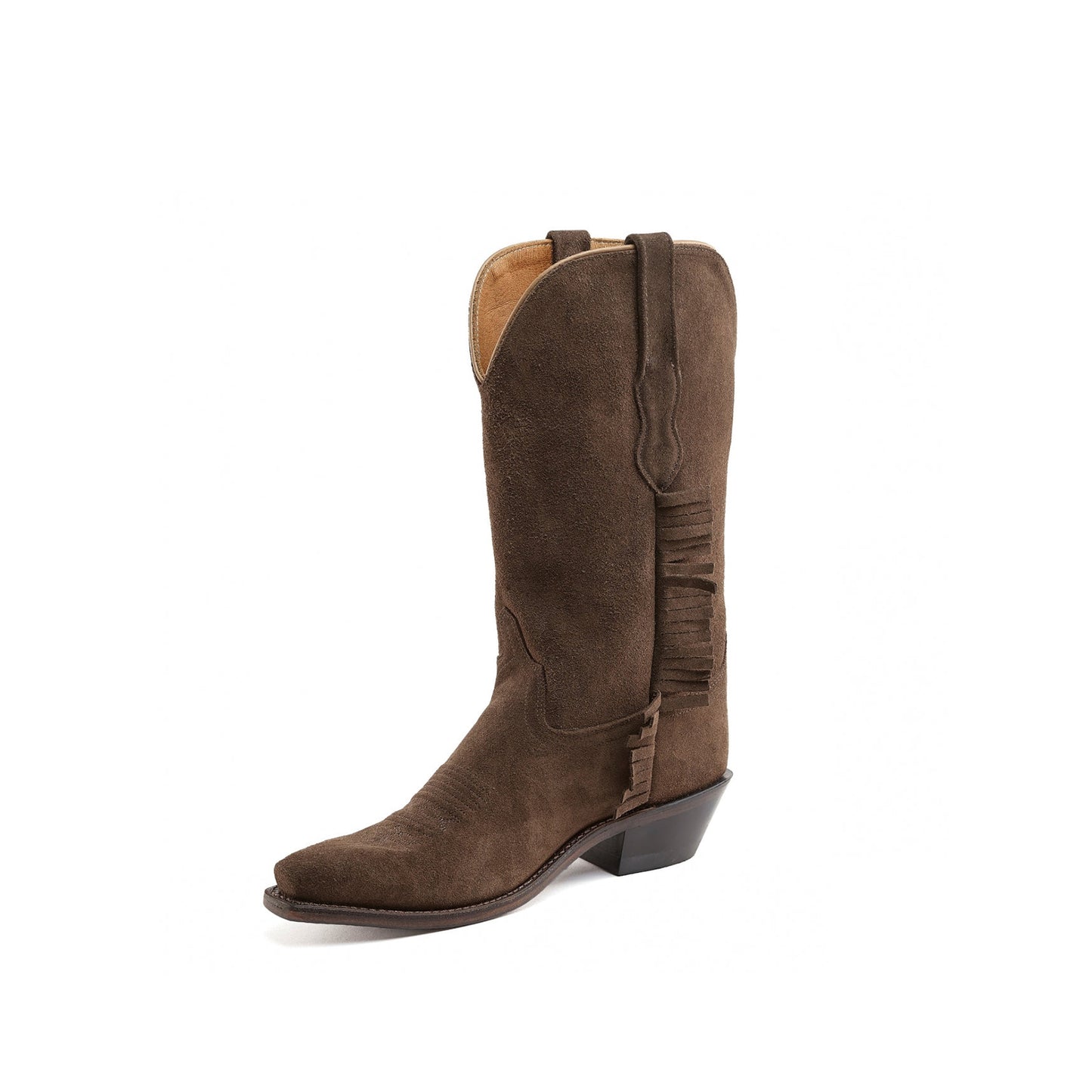 Brown Faux Suede Snip-Toe Short Fringe Mid Calf Cowgirl Boots