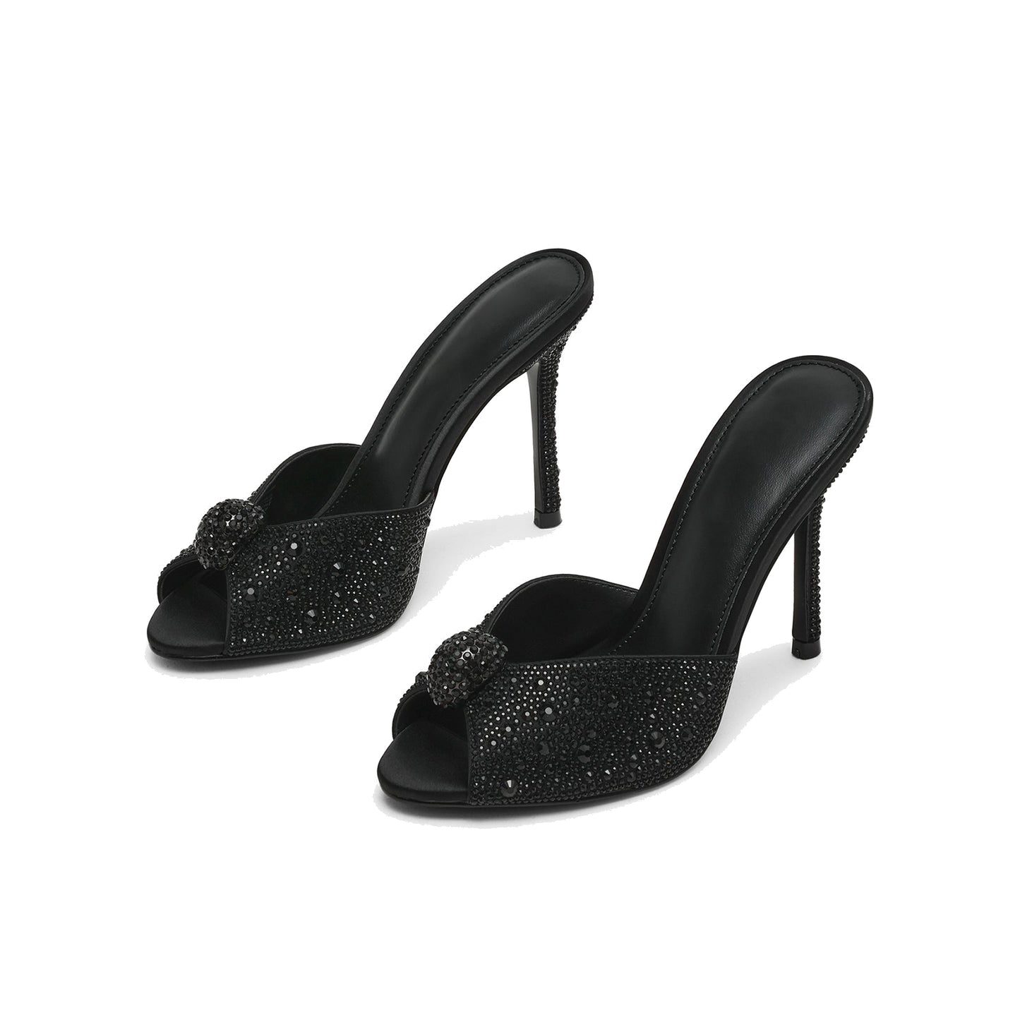 Black Satin With Rhinestones Peep Round-Toe Slip-On Backless High Heels