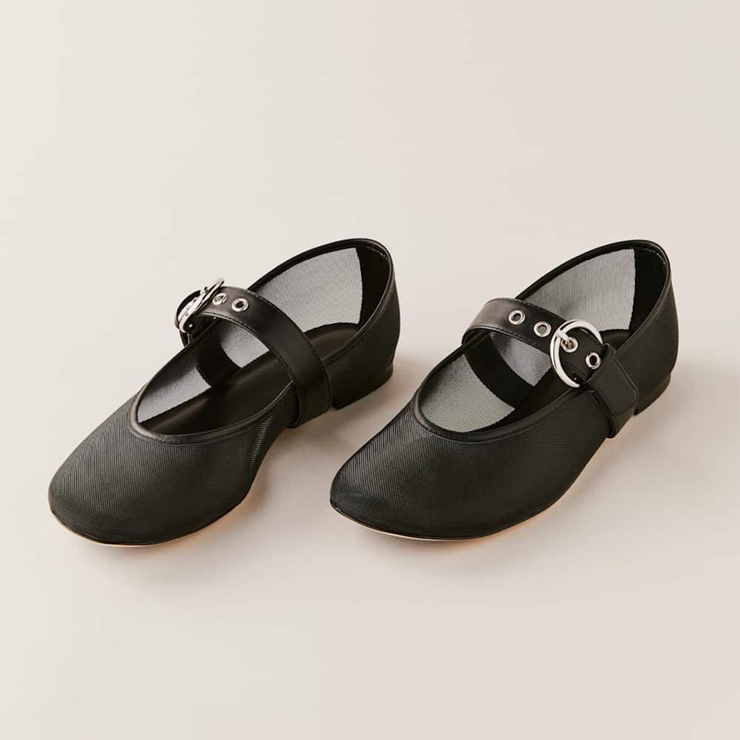 Black Mesh Square-Toe Classic Buckle Bridge Strap Ballet Flats