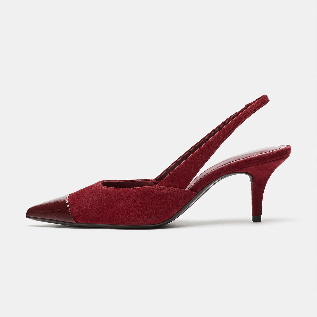 Burgundy Patent Leather And Faux Suede Pointed-Toe Slingback Kitten Heels
