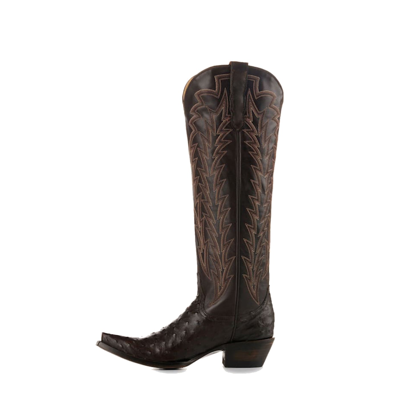 Chocolate Contrast Vegan Leather And Ostrich Print Snip-Toe Embroidery Classic Wide Calf Knee High Cowgirl Boots