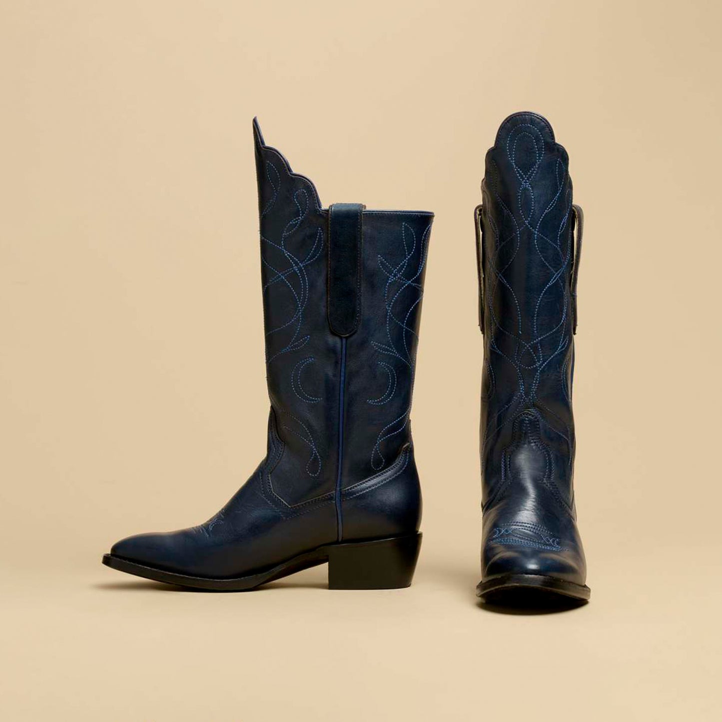 Blue Round-Toe Classic Embroidery Mid Calf Cowgirl Boots For Women