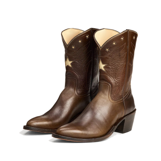 Brown Round-Toe Stitch And Stars Inlay Ankle Cowgirl Boots