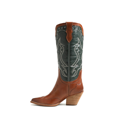 Contrast Green And Copper Pointed-Toe Embroidery Wide Calf Knee High Cowgirl Boots