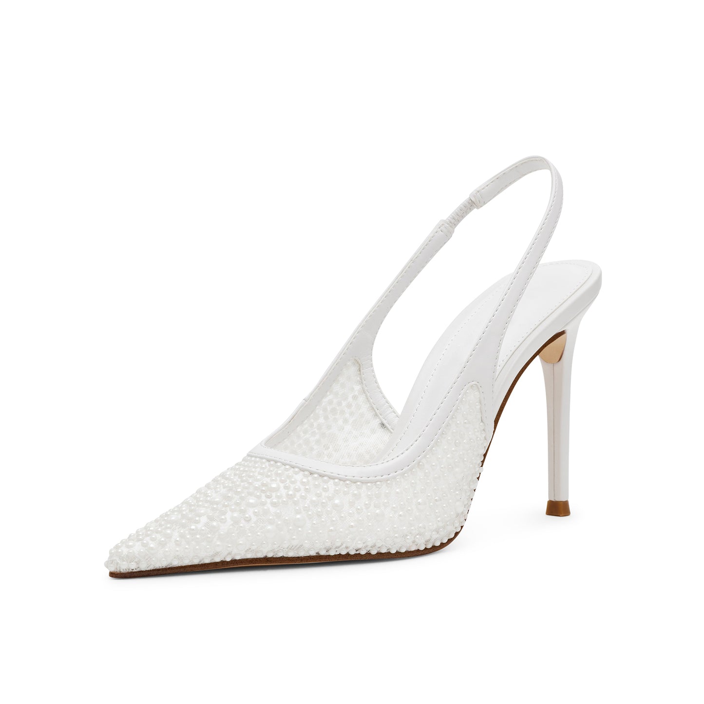 White Mesh Pointed-Toe Full Pearls And Slingback High Heels