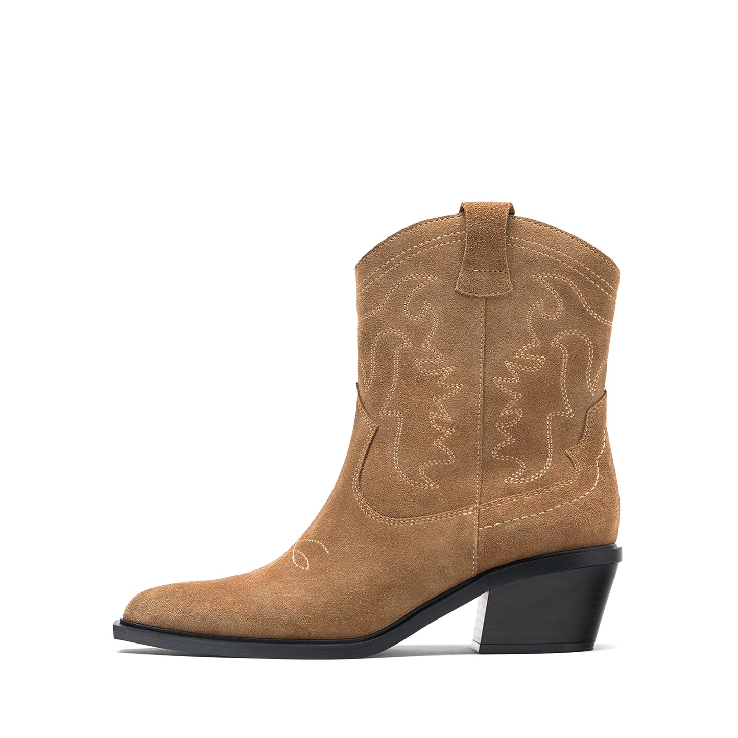 Camel Faux Suede Almond-Toe Embroidery Detail Ankle Cowgirl Boots
