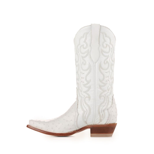 White Contrast Vegan Leather And Ostrich Print Snip-Toe Embroidery Classic Mid Calf Cowgirl Boots