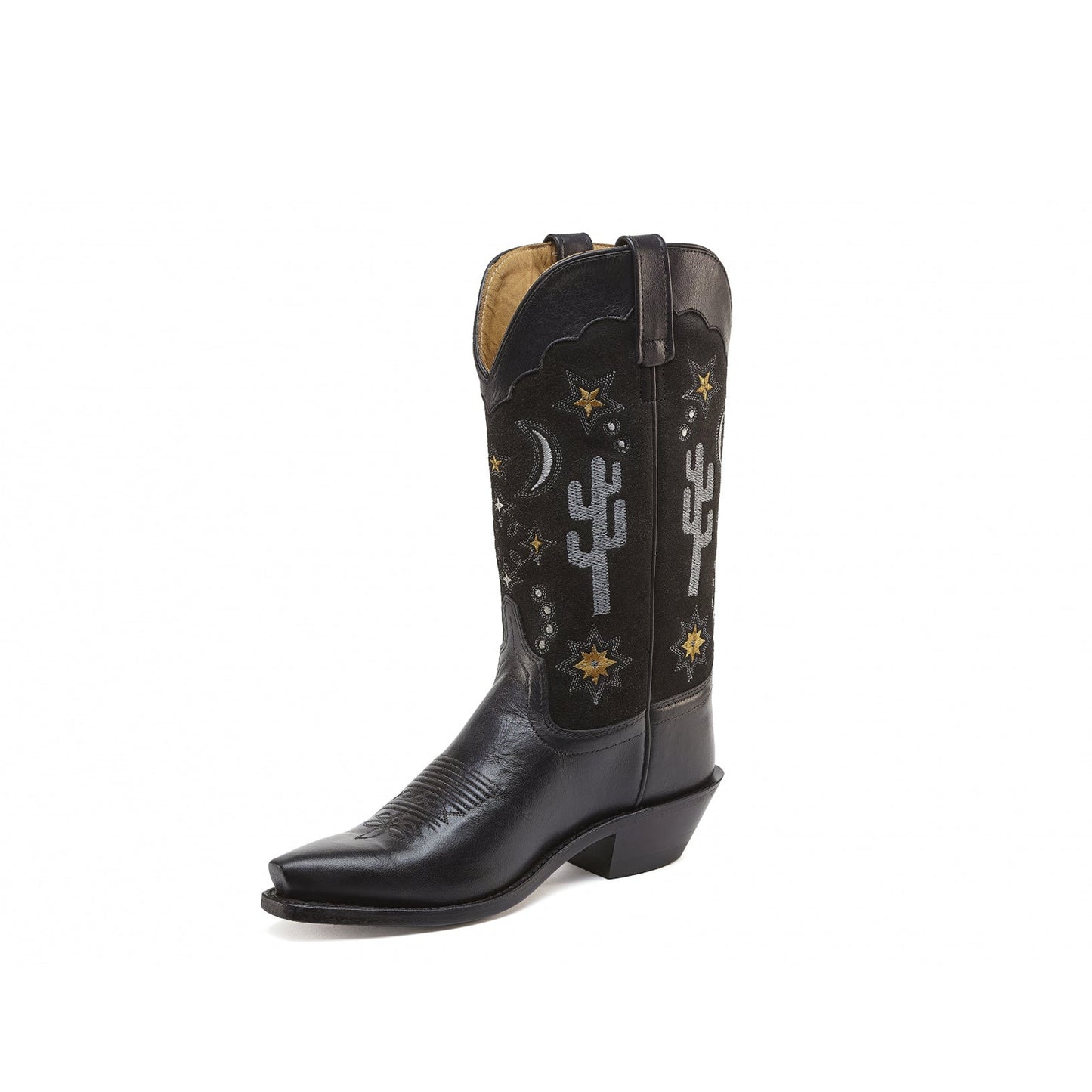 Black Snip-Toe Cactus And Cosmic Embroidery Mid Calf Cowgirl Boots