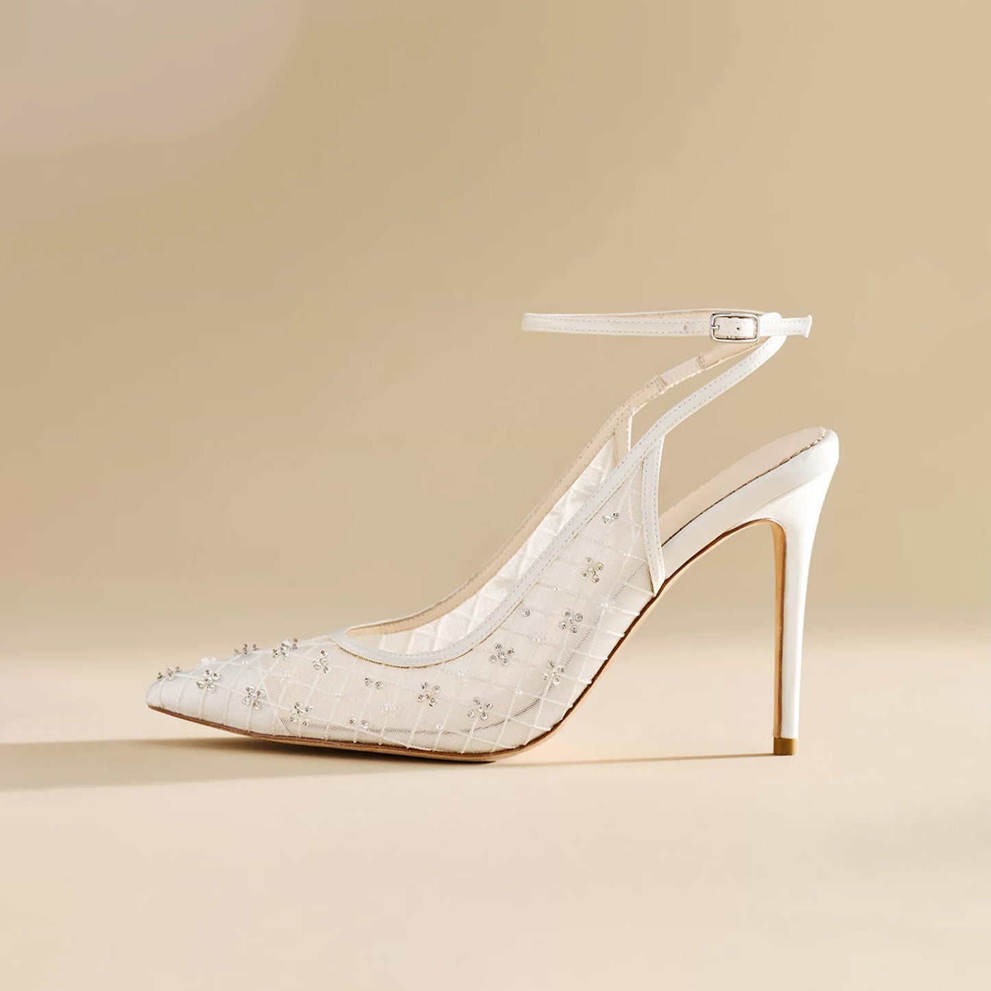 White Crystal-Embellished Mesh Pointed-Toe Slingback Ankle Strap High Heels