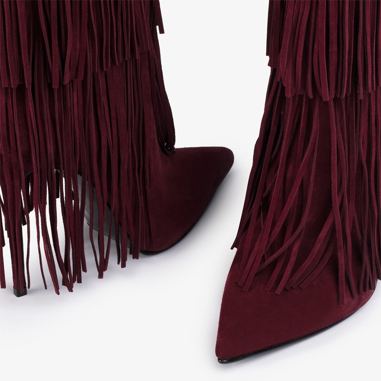 Cherry Red Faux Suede Pointed-Toe Shaft Fringe Mid Calf Stiletto Boots