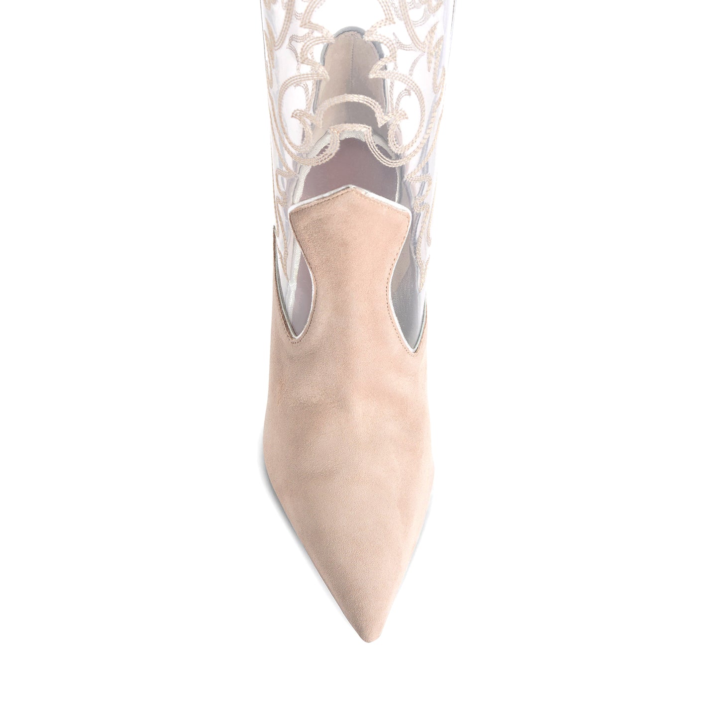 Contrast Gray Faux Suede And PVC Transparent Film Pointed-Toe Embroidery Mid Calf Stiletto Boots