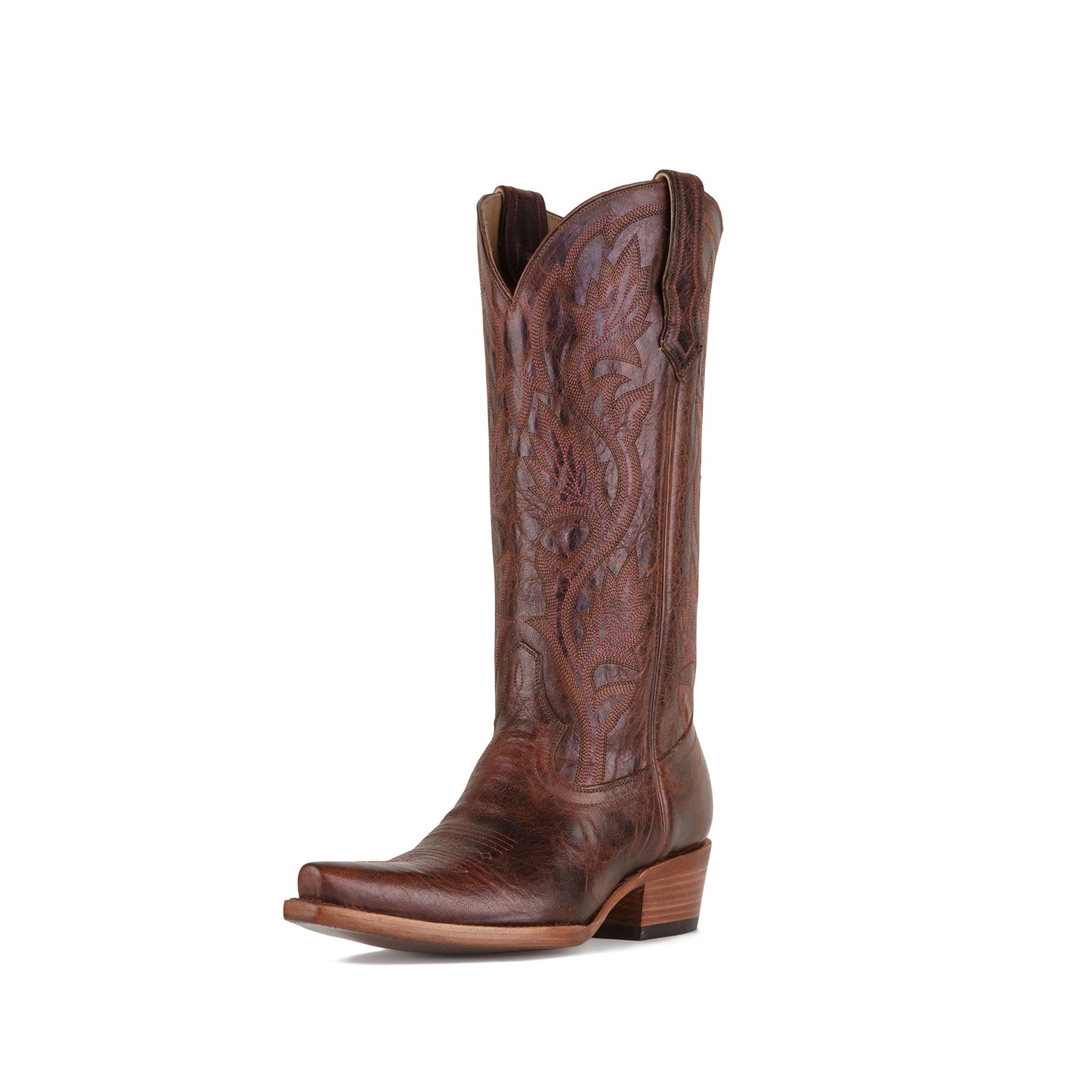 Cognac Snip-Toe Plant Embroidery Mid Calf Cowgirl Boots