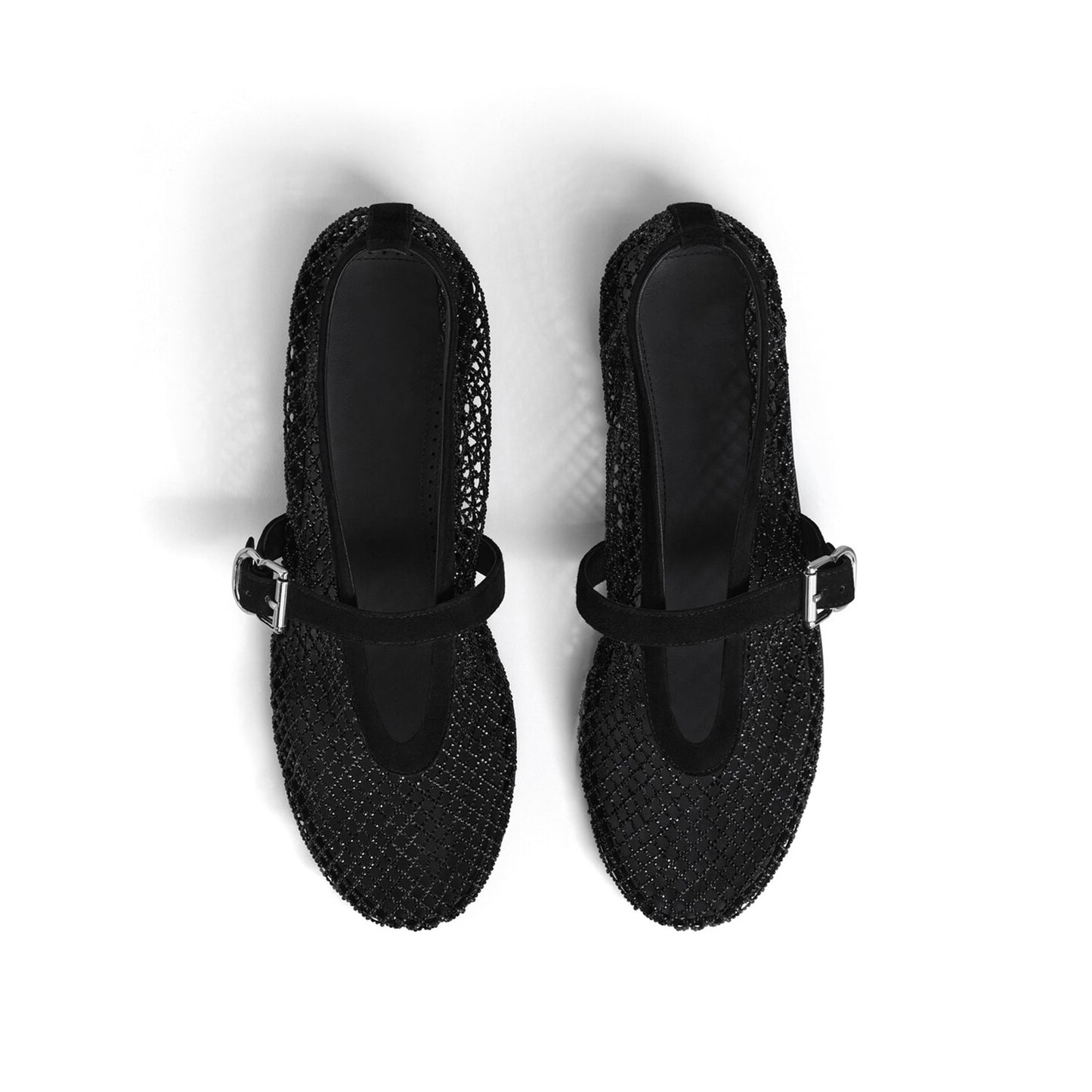 Black Mesh With Rhinestones Round-Toe Mary Jane Ballet Flats