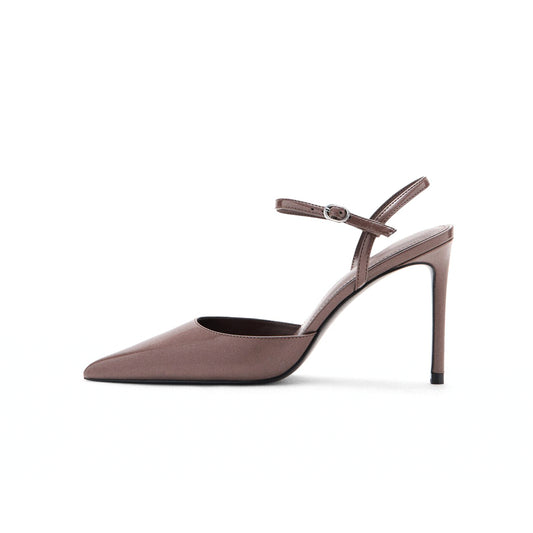 Patent Brown Pointed-Toe Slingback Ankle Strap Stiletto High Heels