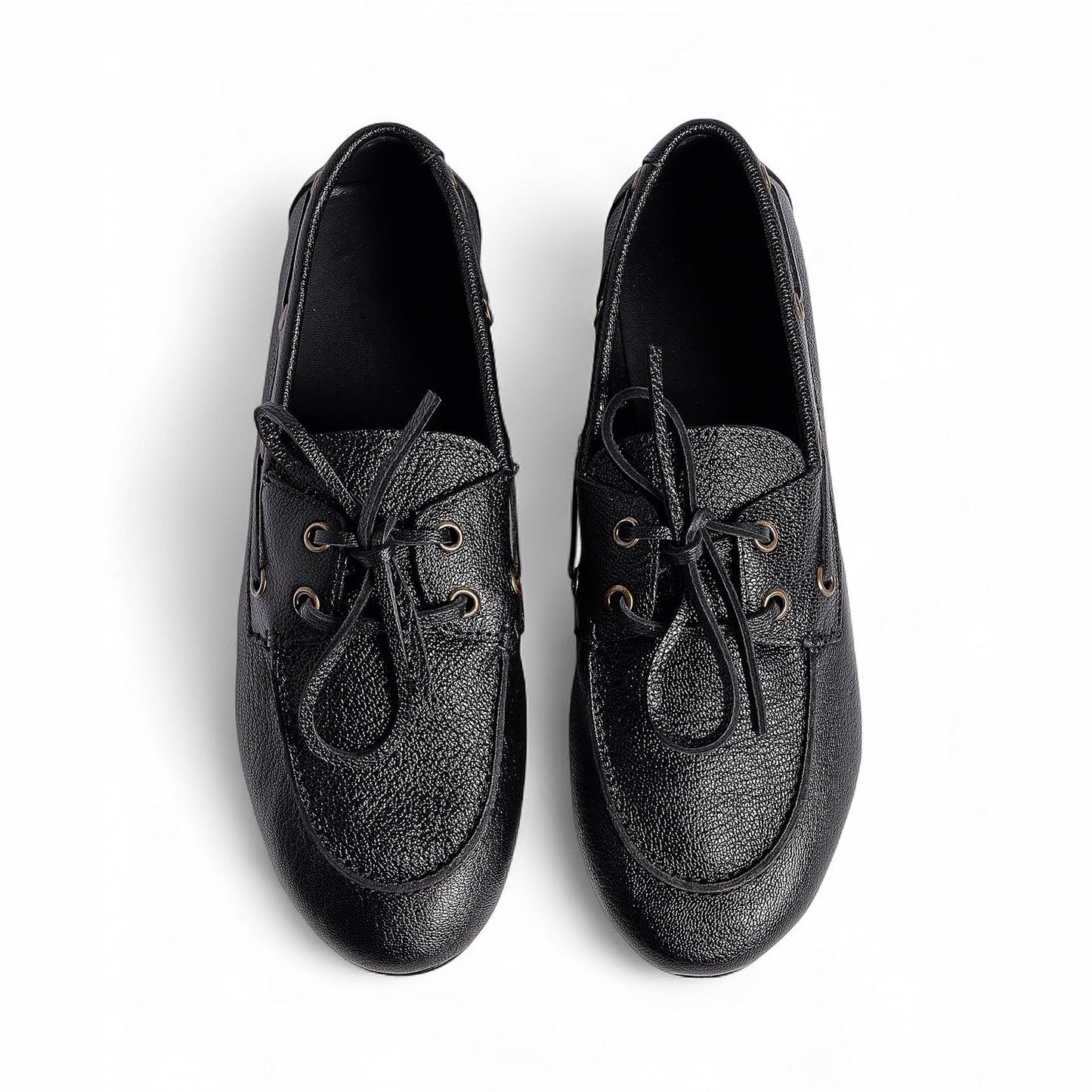Black Round-Toe Lace-Up Slip-On Flats Boat Shoes