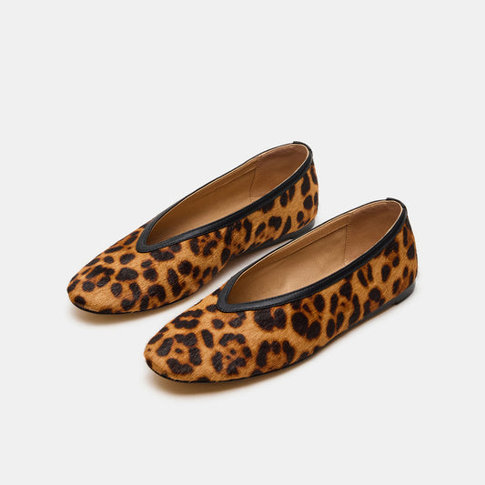 Leopard Pony Hair Elegant Square-Toe Slip-On Flats