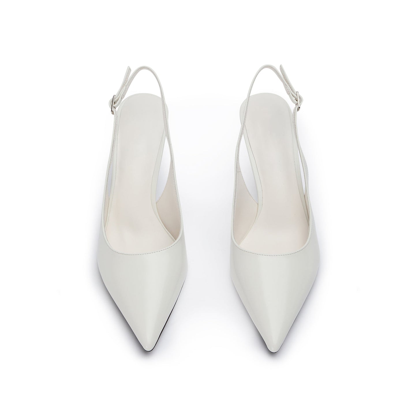 White Pointed-Toe Classic Buckle Slingback Kitten Heels
