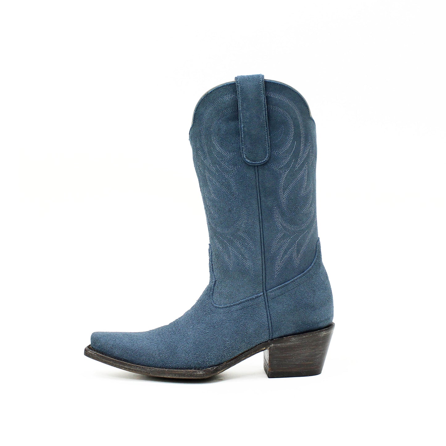 Blue Faux Suede Snip-Toe Western Embroidery Mid Calf Cowgirl Boots