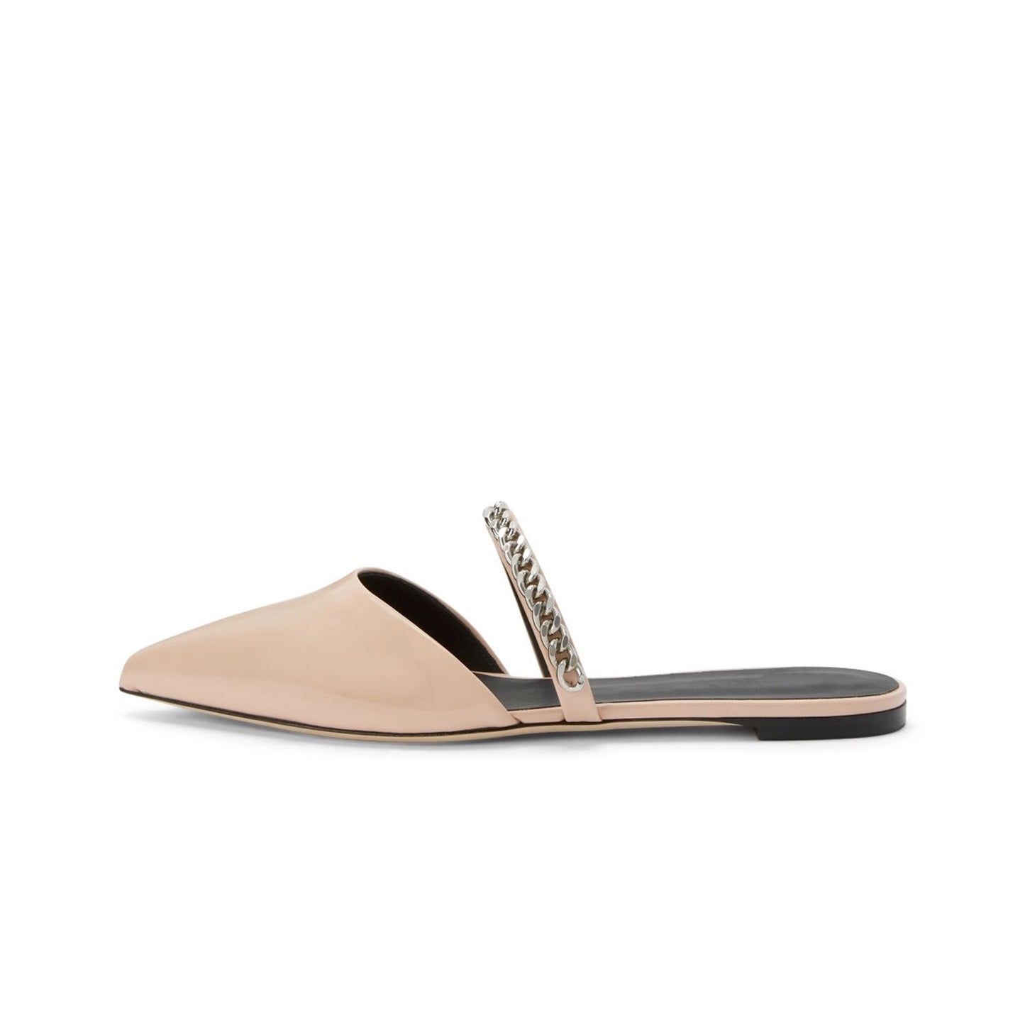 Patent Pink Pointed-Toe Bridge Strap With Silver Chain Backless Flats