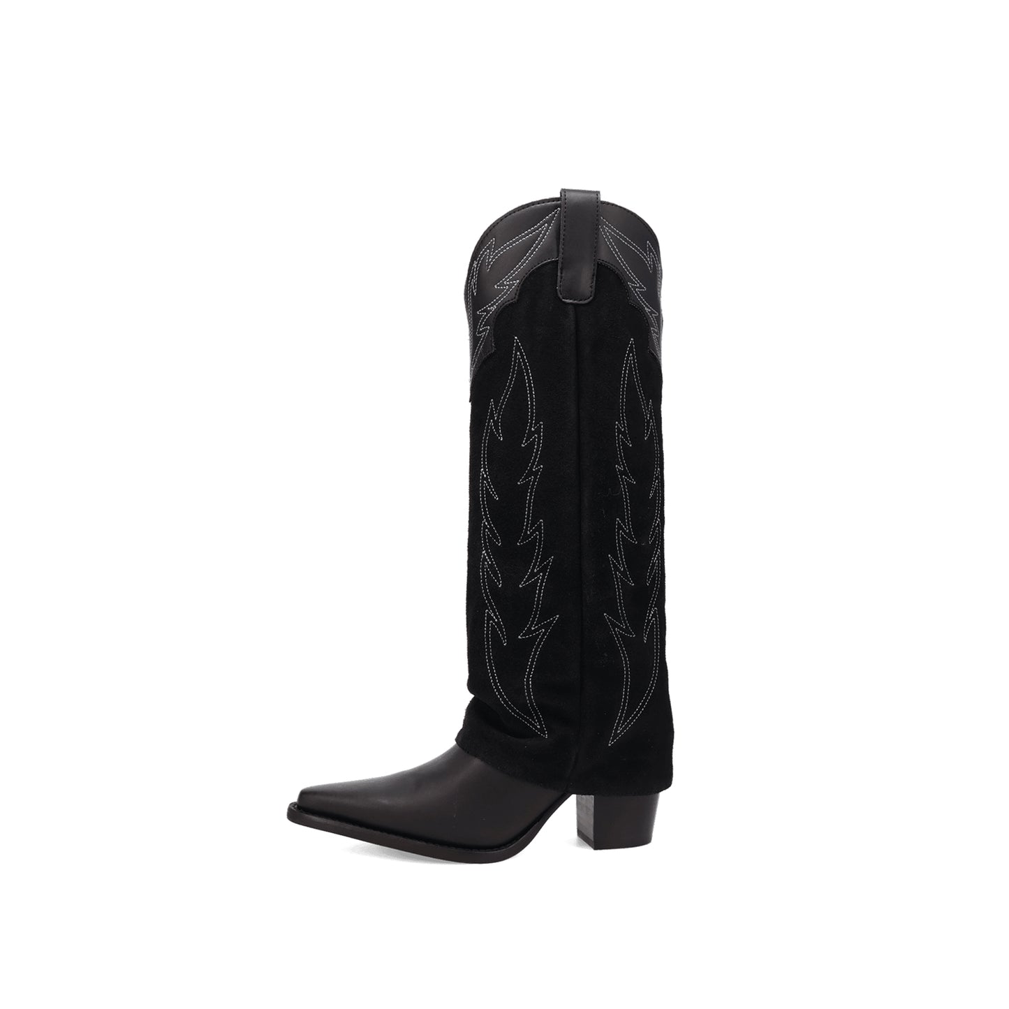 Black Snip-Toe Faux Suede Fold-Over Embroidery Wide Calf Knee High Cowgirl Boots