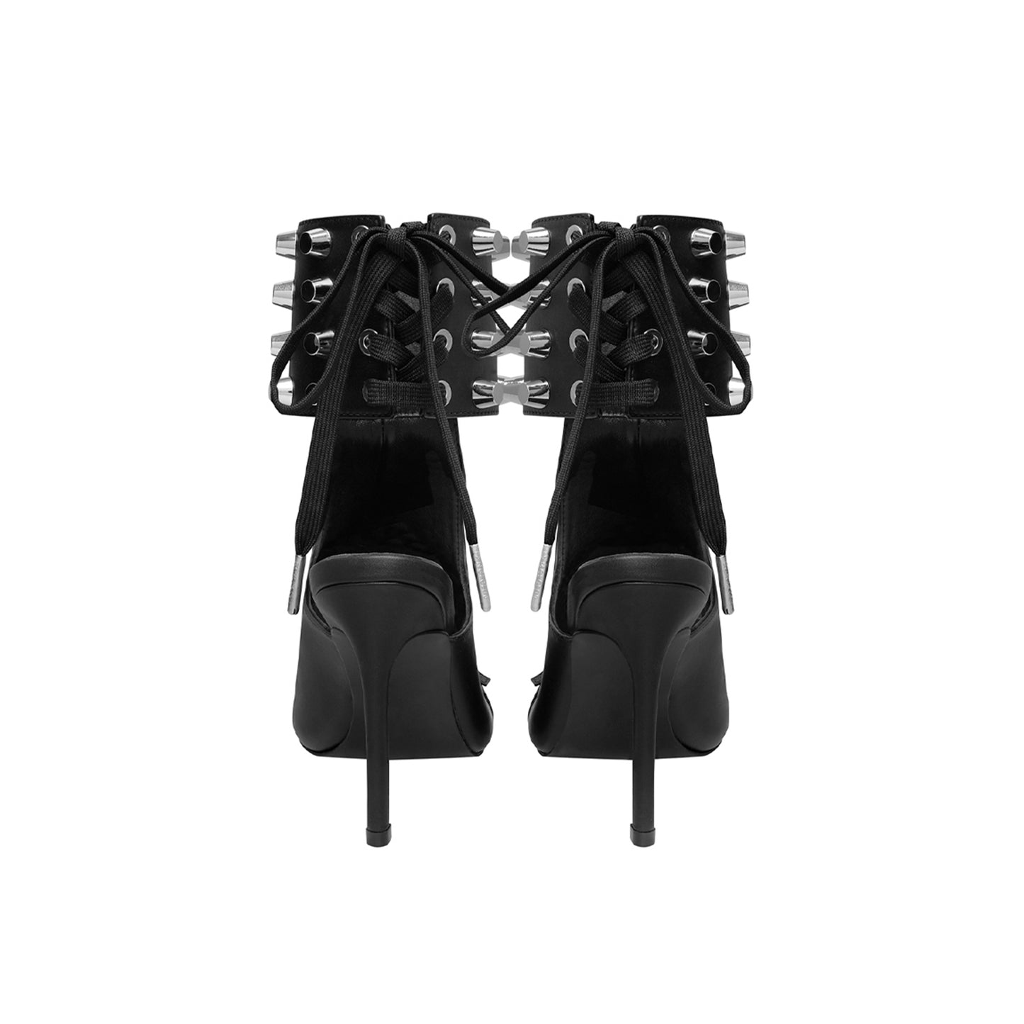Black Open Round-Toe Studded Thick Ankle Strap With Lace-Up High Heels