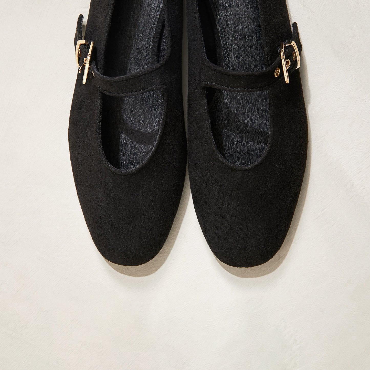 Black Faux Suede Square-Toe Bridge Strap Ballet Flats