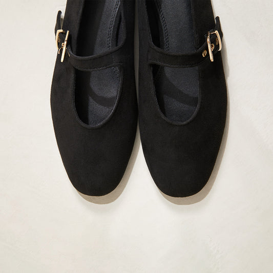 Black Faux Suede Square-Toe Bridge Strap Ballet Flats