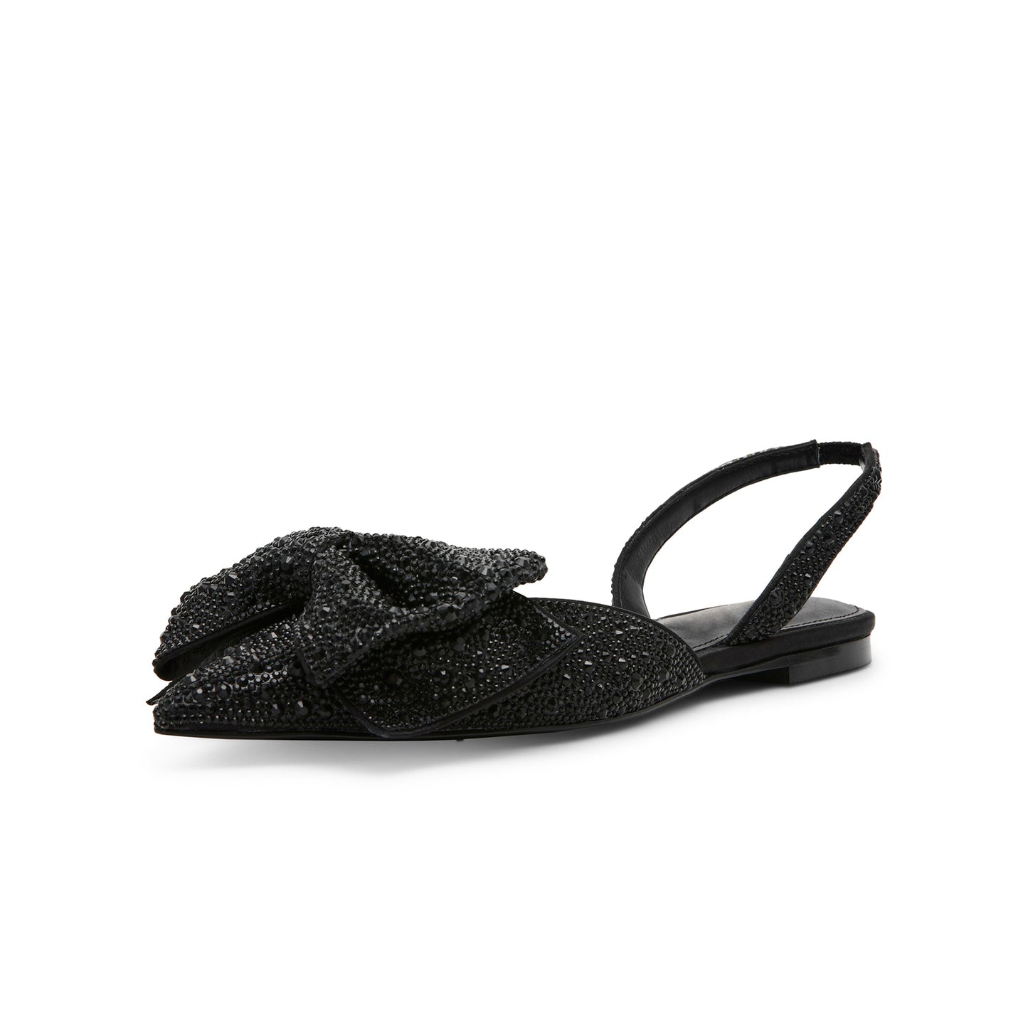 Black Satin Pointed-Toe Drops Front Bow Slingback Flats