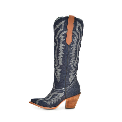Blue Denim Almond-Toe Embroidery Wide Calf Knee High Cowgirl Boots