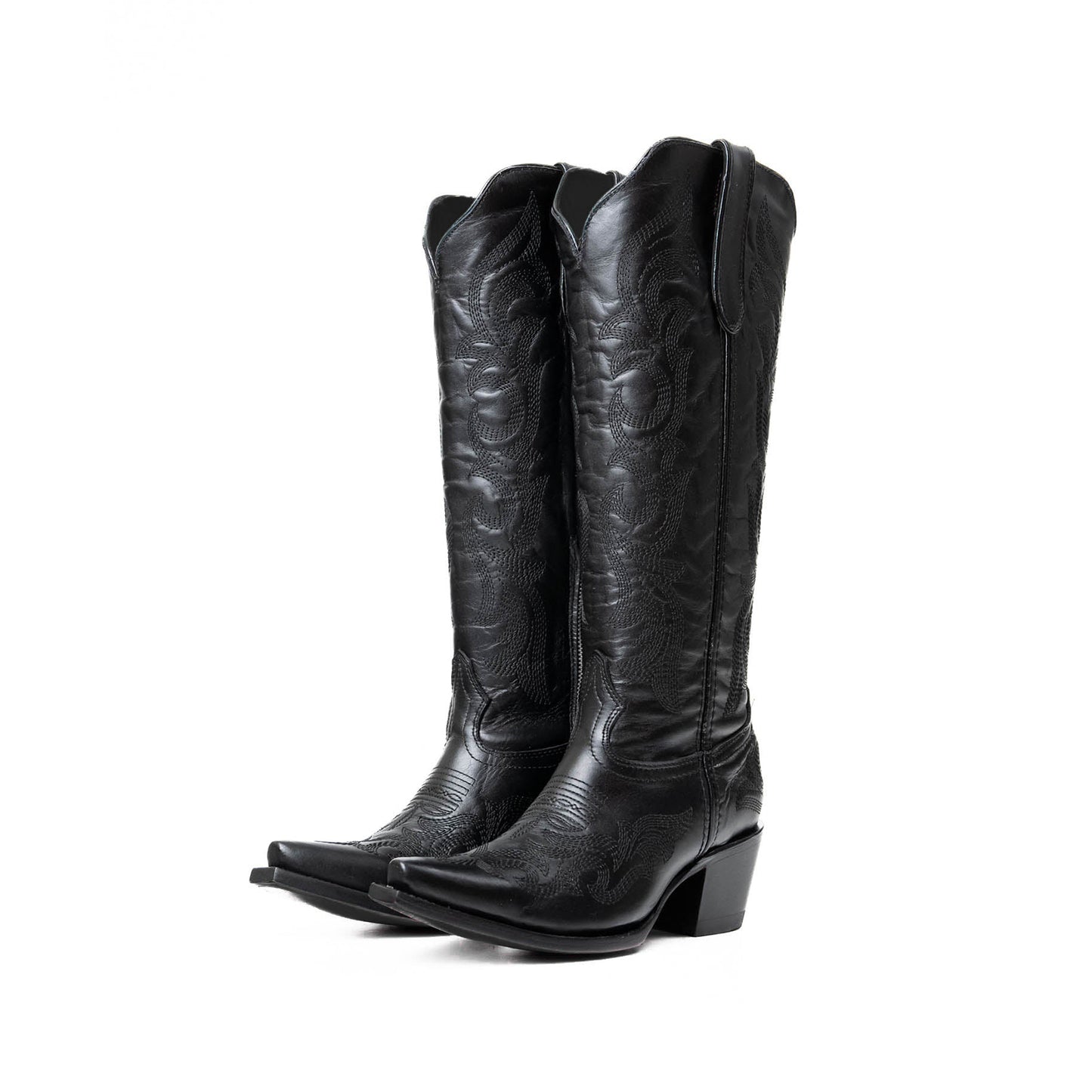 Black Snip-Toe Refined Embroidery Half-Zip Knee High Cowgirl Boots