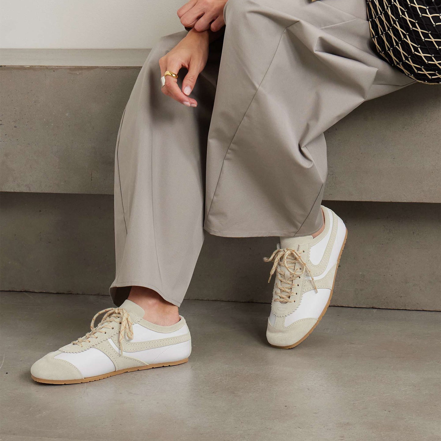 White Contrast Faux Suede And Vegan Leather Square-Toe Lace-Up Sneakers Flats