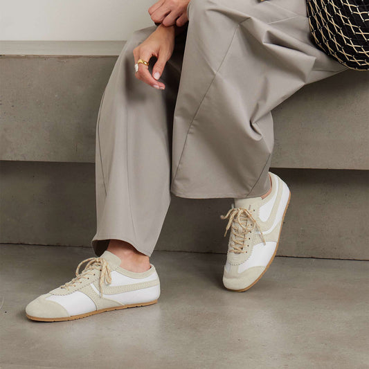 White Contrast Faux Suede And Vegan Leather Square-Toe Lace-Up Sneakers Flats