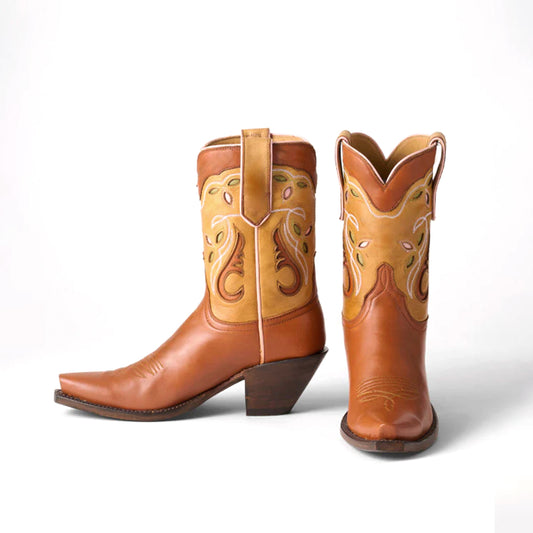 Contrast Tan And Cognac Snip-Toe Inlays Ankle Cowgirl Boots