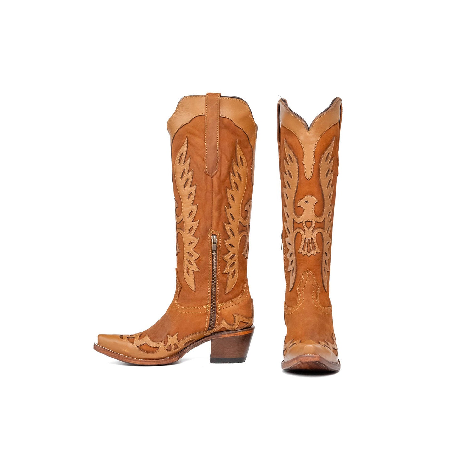 Tabacco Snip-Toe Eagle Applique Half-Zip Knee High Cowgirl Boots