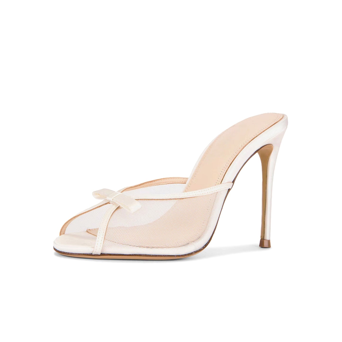 White Mesh Satin Round-Toe Front Bow Backless High Heels