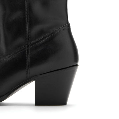 Black Vegan Leather Almond-Toe Simple Wide Calf Knee High Cowgirl Boots