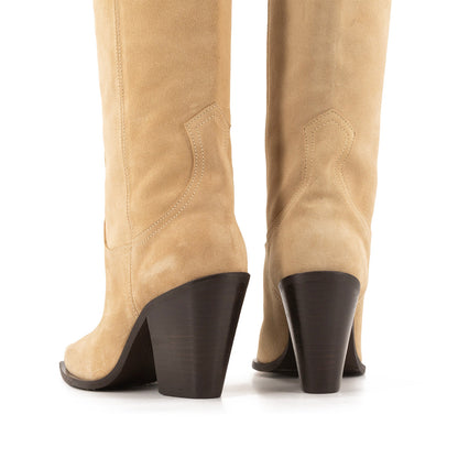 Sand Faux Suede Pointed-Toe Simple Wide Calf Knee High Cowgirl Boots