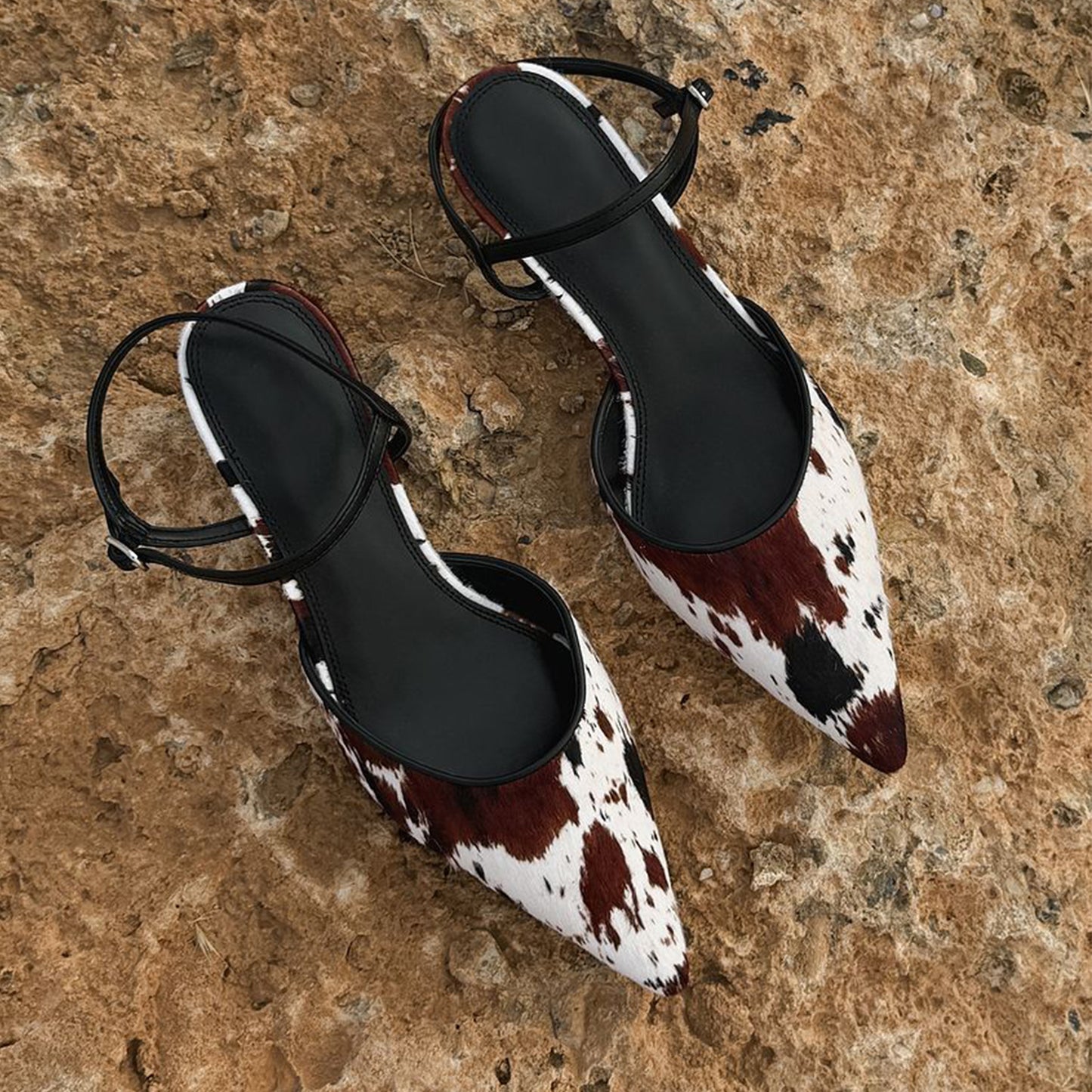 Cow Print Pointed-Toe Ankle Strap Kitten Heels Pumps