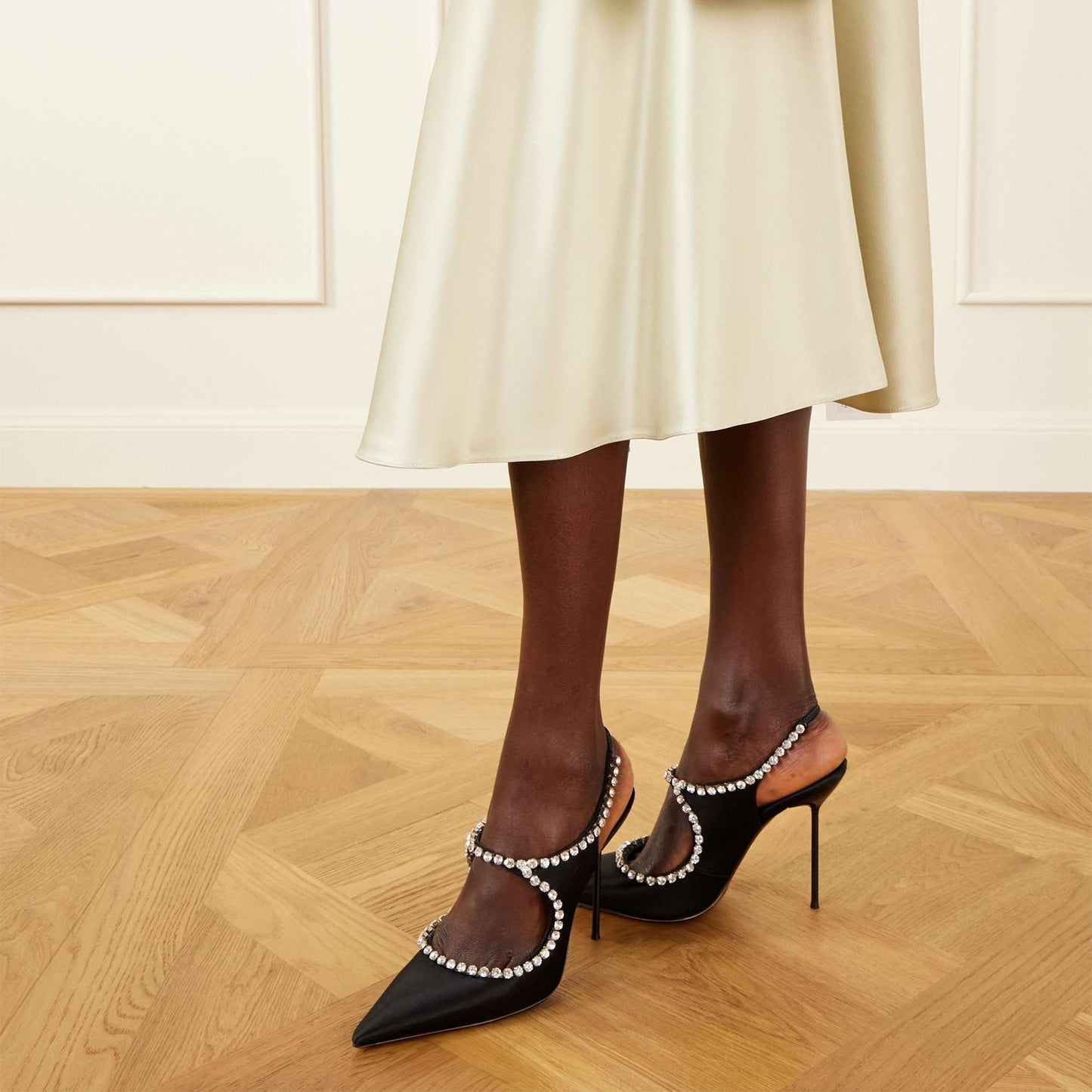 Black Satin Pointed-Toe Mary Jane Slingback High Heels With Crystals