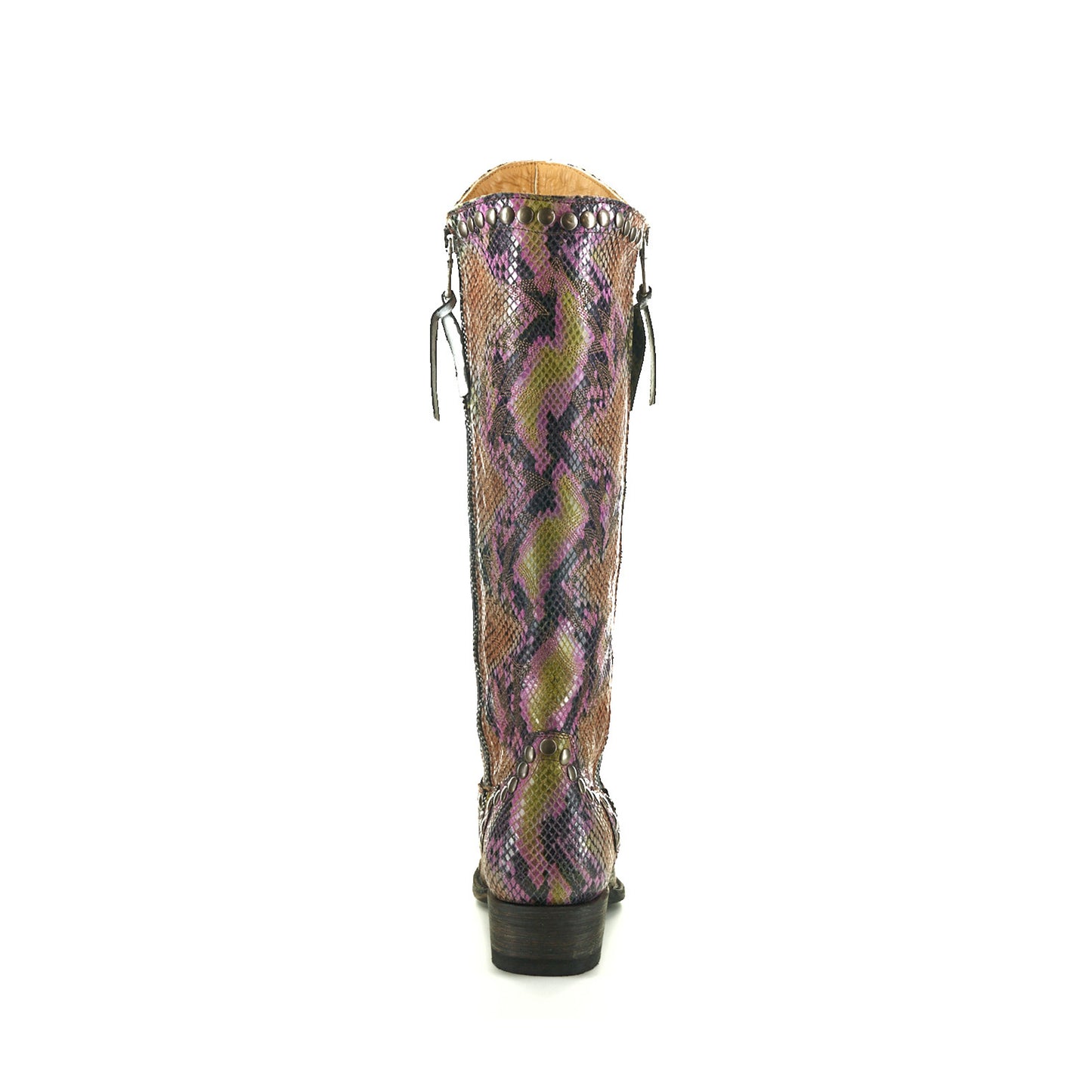 Snakeskin Print Snip-Toe Studs Detail Full-Zip Mid Calf Cowgirl Boots