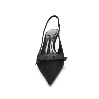 Black Faux Suede Pointed-Toe Front Satin Bow Slingback Kitten Heels