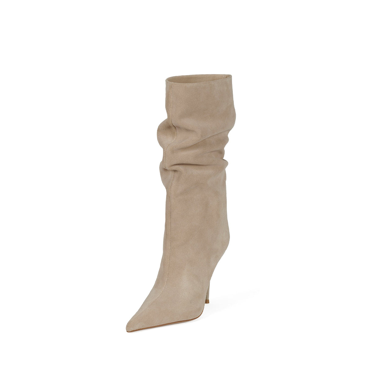 Beige Faux Suede Pointed-Toe Slip-On Ankle Stiletto Boots