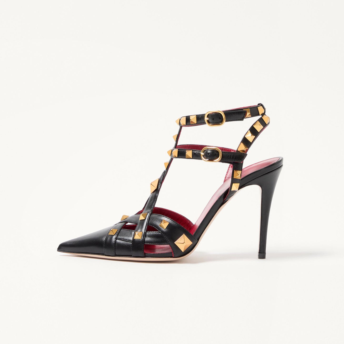 Black Pointed-Toe Studded Strappy Ankle Strap High Heels