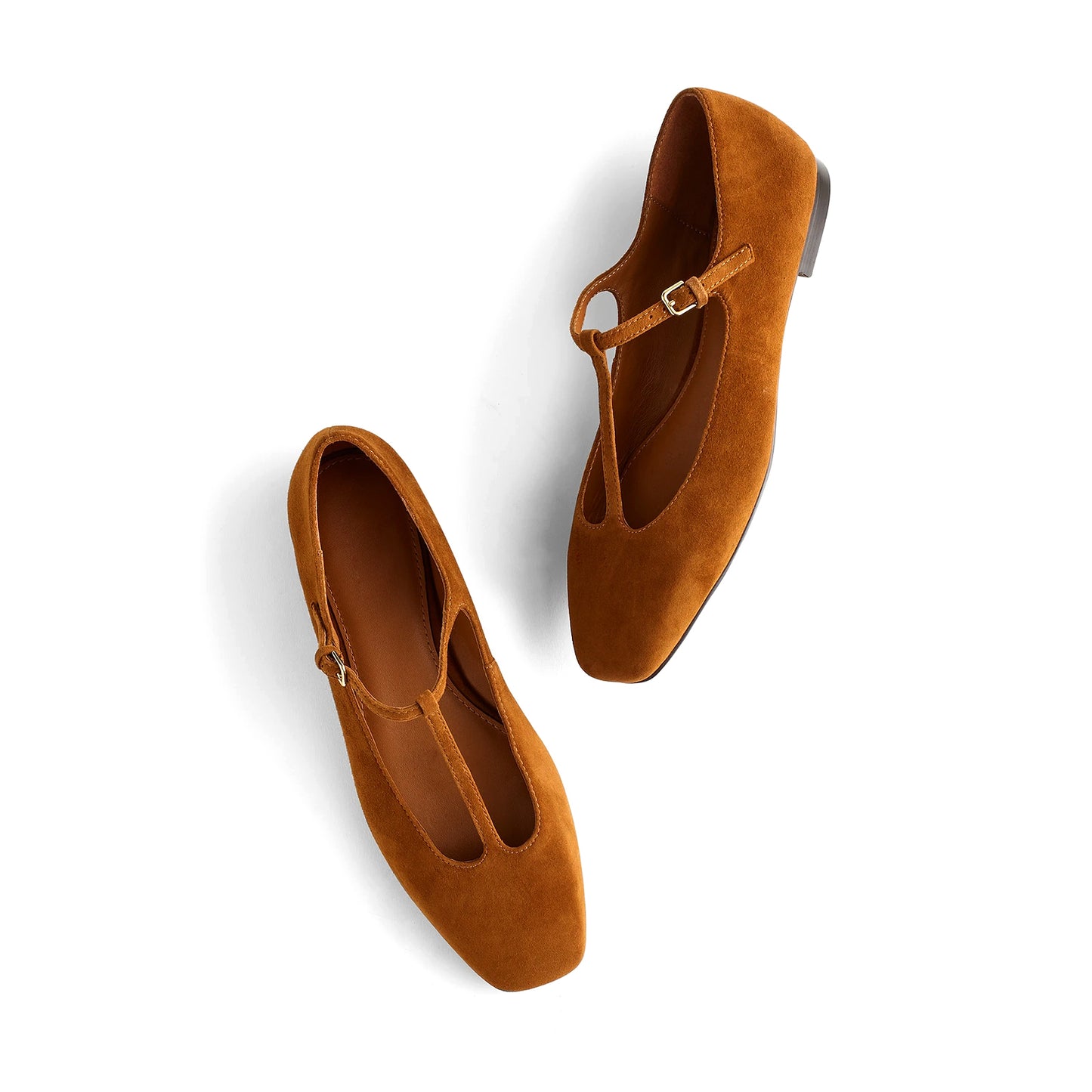 Rust Faux Suede Square-Toe Buckled T-Strap Ballet Flats