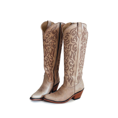 Light Tan Pointed-Toe Embroidery Full-Zip Knee High Cowgirl Boots