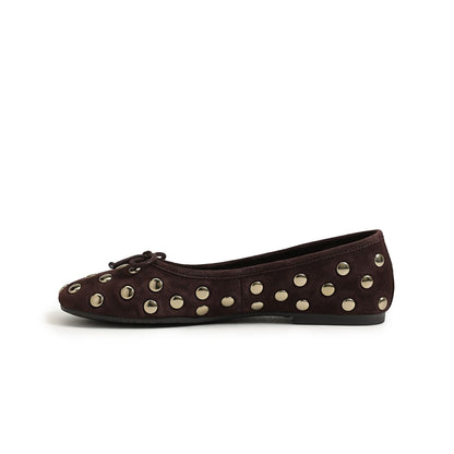 Coffee Faux Suede Square-Toe Studded Slip-On Flats